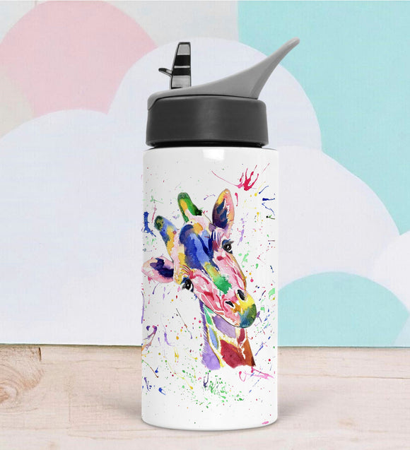 Personalised  Water Bottle , Rainbow Splash Giraffe , Sloth, Wolf Water Bottle