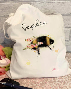 Personalised Bee Tote Bag, Bee Lovers Gift, Bumble Bee, Floral Winged Bee, Reusable Bag, Gift for Her