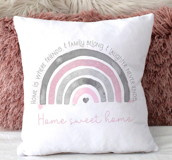 Personalised Rose and Grey Rainbow Cushion, House Warming Gift, New Home