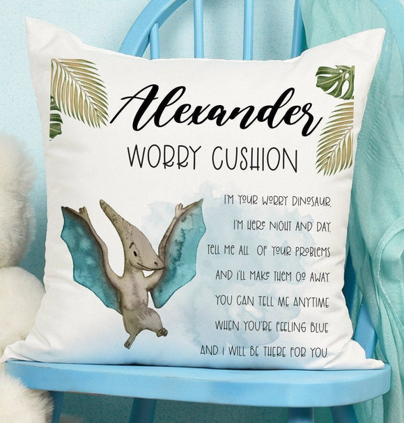 Personalised Children's Dinosaur Worry Cushion, Children's Gift, Mental Health Gift