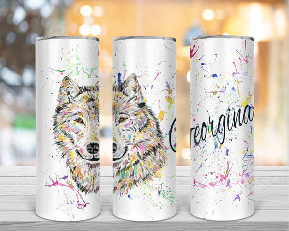 Personalised Tall Skinny Tumbler, Rainbow Wolf Insulated Cup, Wolf Gift