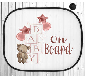 Personalised Car Sun Shade, Baby On Board Shade, Bear And Baby Blocks Shade