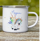 Personalised Rainbow Unicorn Enamel Mug, Childrens Unicorn Mug, Children's Camping Mug, Tin Cup