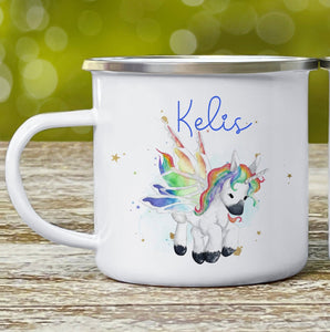 Personalised Rainbow Unicorn Enamel Mug, Childrens Unicorn Mug, Children's Camping Mug, Tin Cup