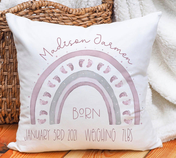 Personalised New Baby  Cushion, Footprint Rainbow, Baby Gift, Newborn Gift, Baby Stats