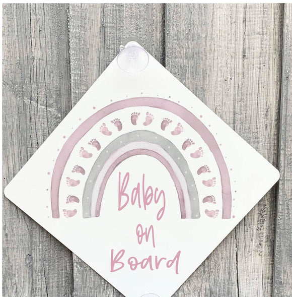 Personalised  Baby On Board Sign, Pink , Blue Footprint Rainbow, Car Sign