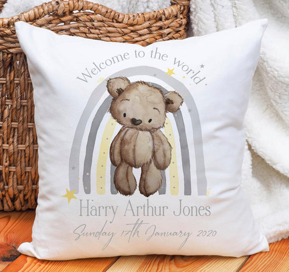 Personalised New Baby Cushion, Baby Bear Rainbow, New Baby Gift, Nursery Decor