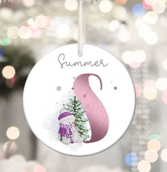 Christmas Snowman Initial Ceramic Bauble