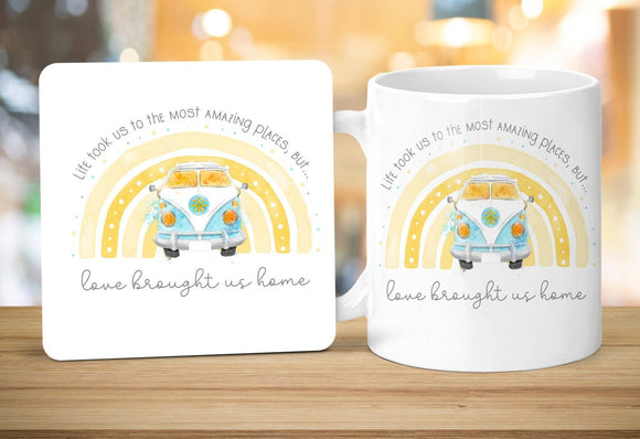 Personalised  Mug Gift, Camper Van Rainbow Mug, Camper Van Gift, Mug & Coaster Gift Set