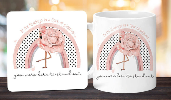 Personalised  Mug Gift, Flamingo Rainbow Mug, Mug & Coaster Gift  Set, Flamingo Gift, Inspirational Gift