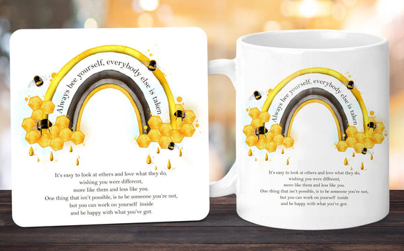 Personalised Mug Gift, Bee Yourself Rainbow Mug, Mug & Coaster Gift Set, Bee Gift, Inspirational Gift