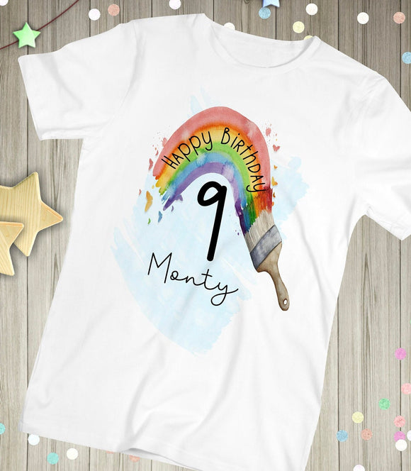Personalised Children's Rainbow Birthday T- Shirt, Rainbow Paintbrush T-Shirt, Birthday Gift