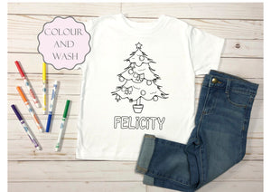 Personalised Christmas Tree Colour In Activity Kids T-Shirt, With Washable Pens, Stocking Filler, Xmas Eve Box